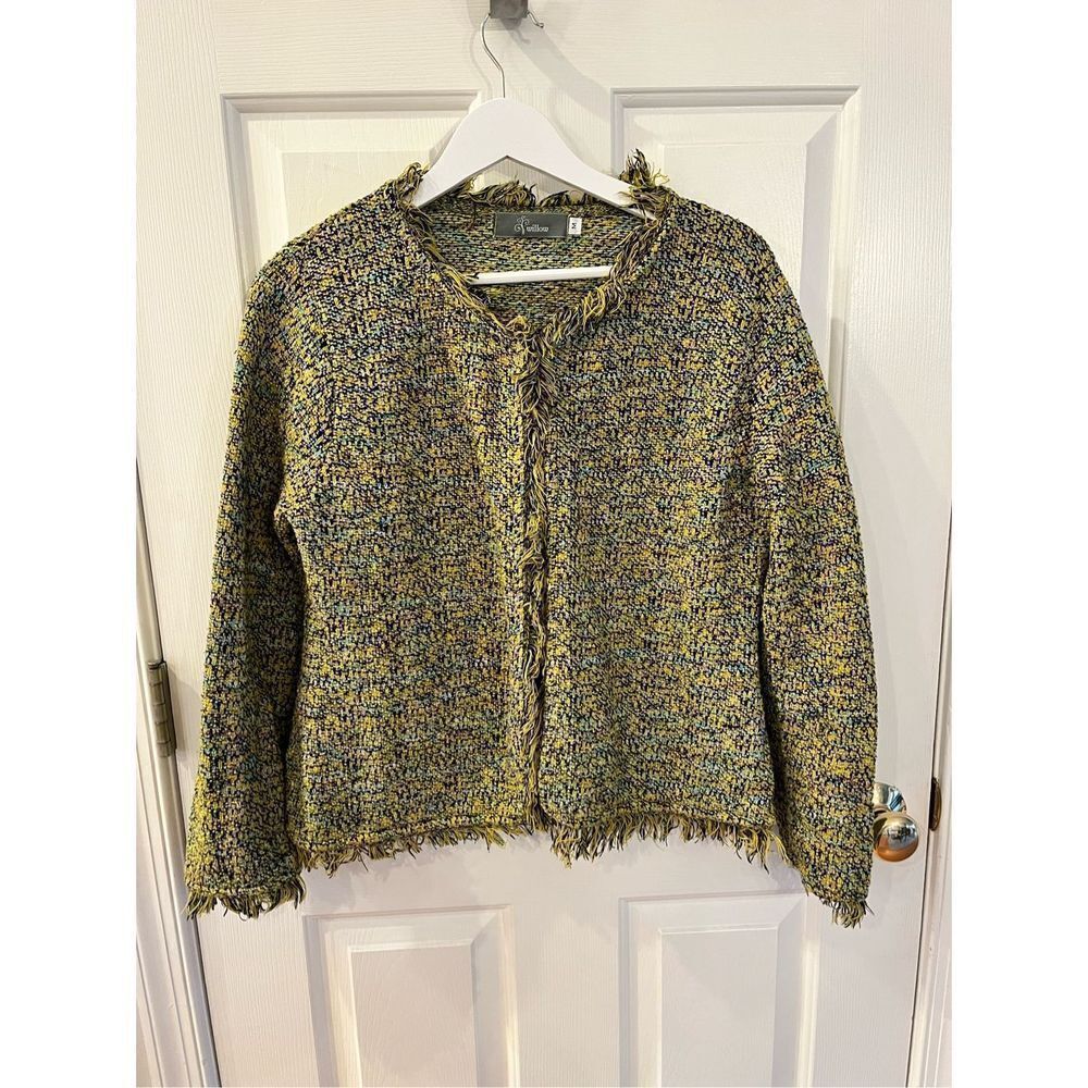 Willow Green Multi Knit Fringe Tweed Knit Style Jacket sz M EUC